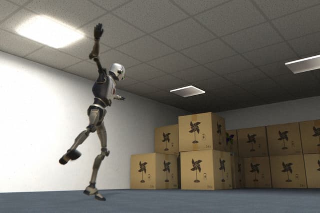 Indoor scene with bot and boxes