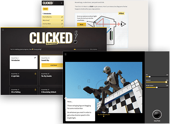 Screenshots of the Clicked interactive exposure course showing chapter navigation, 3D scenes, and camera controls