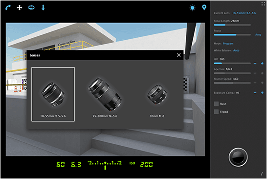 Screenshot of the virtual 3D camera lab with interchangeable lens selection